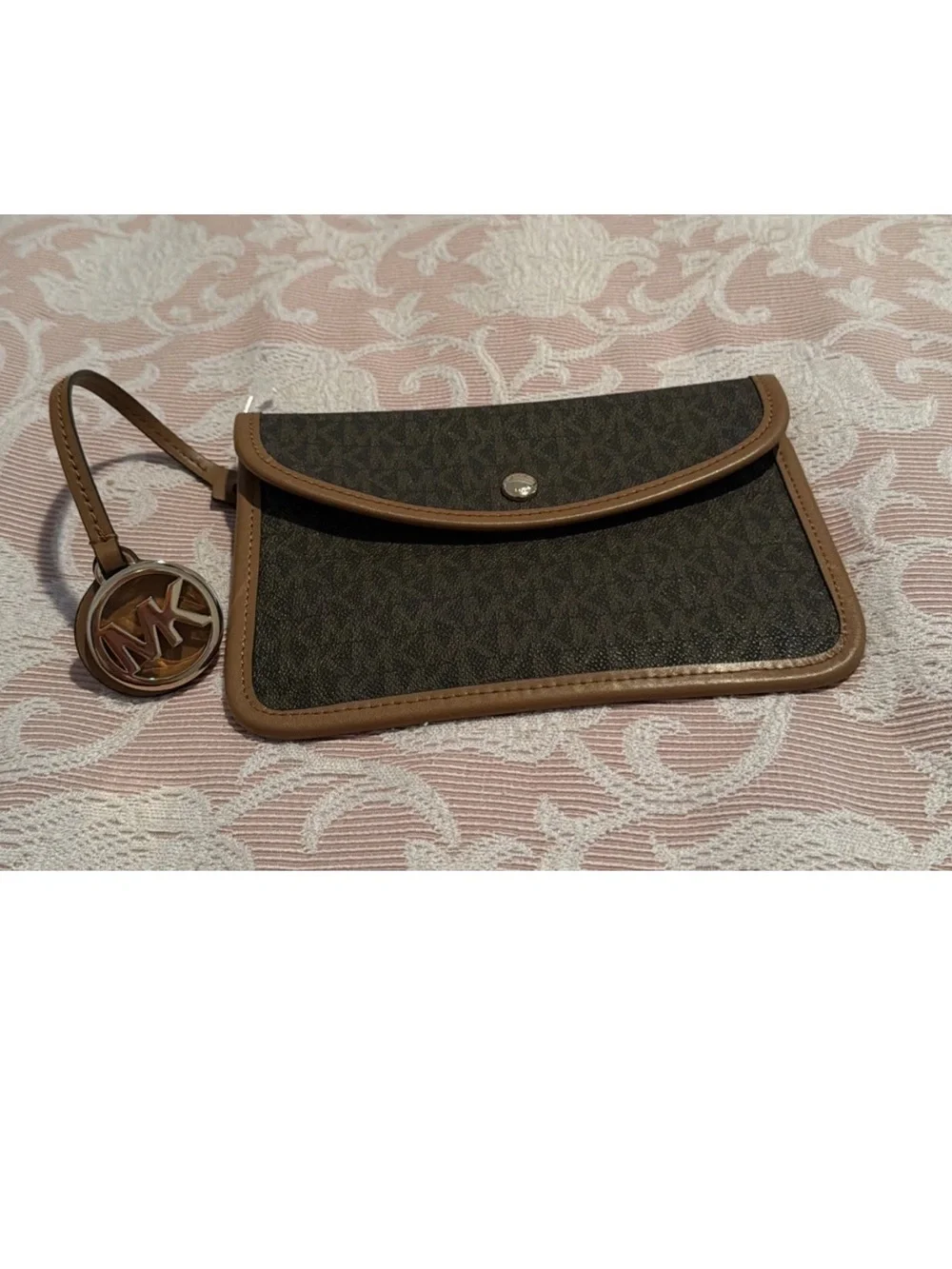 Michael Kors Brown Signature Logo Wristlet with Tan Trim